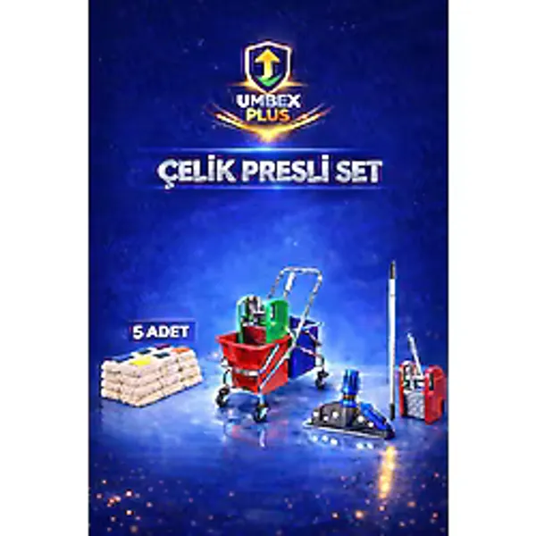 Umbex plus Çift Kovalı Temizlik Arabası Krom Gövdeli Çelik Presli Paspas Arabası Seti Islak Mop Seti.