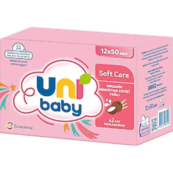 Uni Baby Soft Care Hindistan Cevizi Yağlı 50 Yaprak 12'li Paket Islak Mendil