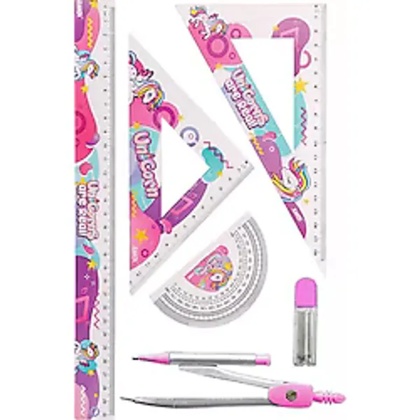 Unicorn Cetvel Takımı 30 Cm 1 Paket Metal Pergel Cetvel Gönye İletki Şeffaf Çizim Takımı Pergelli Çizim Seti 4 Parça