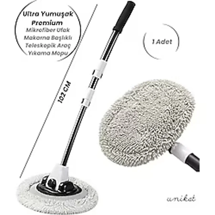 UNIKAT Ultra Yumuşak Premium Mikrofiber Ufak Makarna Başlıklı Teleskopik Araç Yıkama Mopu 1 Adet
