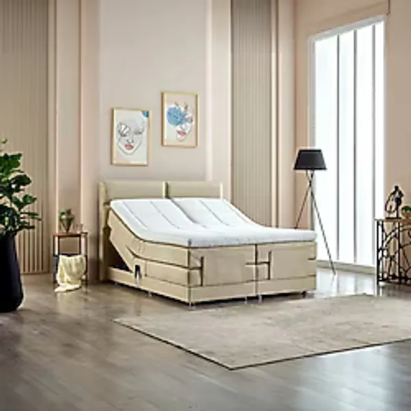 Unimet Nivo Elektrikli Motorlu Hareketli Kumandalı Çift Kişilik Baza+Başlık+Yatak Set - Bej - 140 x 200 cm