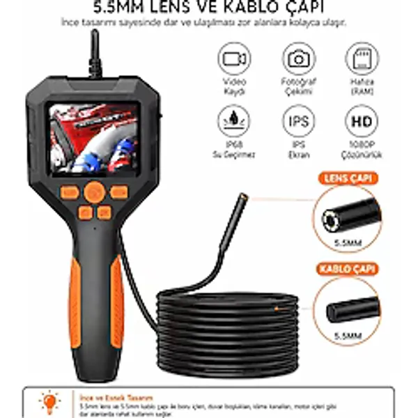 Uninet 5 Metre Ekranlı 5.5mm Sert Kablo Endoskopi Yılan Kamera