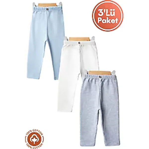 Unisex Bebek Düğme Detaylı Tayt Model %100 Organik Pamuklu Penye Bebek Pantolon Tek Alt 3lü Set - 04G-Mavi - 3 - 6 Ay