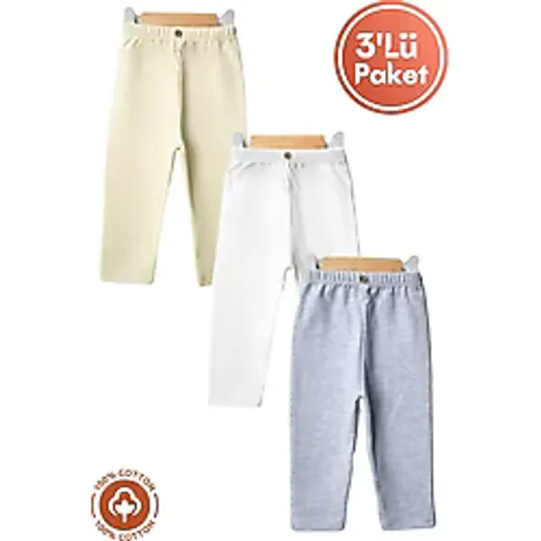 Unisex Bebek Düğme Detaylı Tayt Model %100 Organik Pamuklu Penye Bebek Pantolon Tek Alt 3lü Set - 05S-Sarı - 3 - 6 Ay