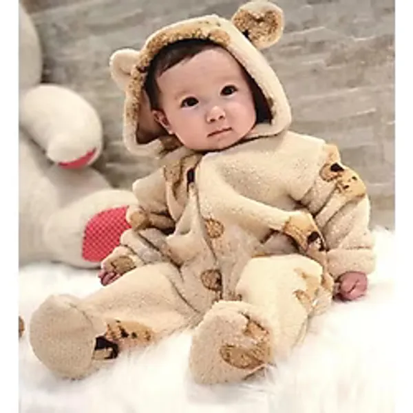 Unisex Bebek Welsoft Peluş Tulum Kapüşonlu Fermuarlı Ayıcık Desenli Kışlık - Sütlü Kahve - Krem - 3 - 6 Ay