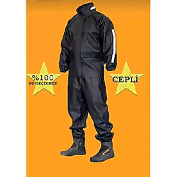 Unisex Tam Kalıp Motorcu Cepli Kurye Su Gecirmez Yağmurluk Takım Siyah