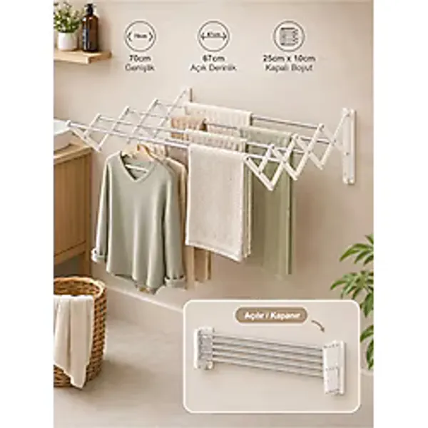 Unisoft Akordiyon 70cm Çamaşır Kurutma Askısı Duvara Monte Katlanabilir Kurutmalık Banyo Balkon Beyaz