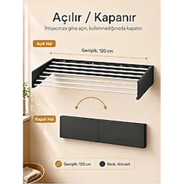 Unisoft Çamaşır Kurutma Askısı Katlanır Duvara Monte Balkon Banyo Askılık Duvar Tipi Yer Tasarruflu Çamaşırlık 120 cm Belize Antrasit
