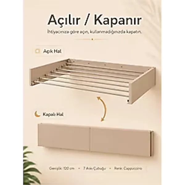 Unisoft Çamaşır Kurutma Askısı Katlanır Duvara Monte Balkon Banyo Askılık Duvar Tipi Yer Tasarruflu Çamaşırlık 120 Cm Belize Cappuccino Kahverengi