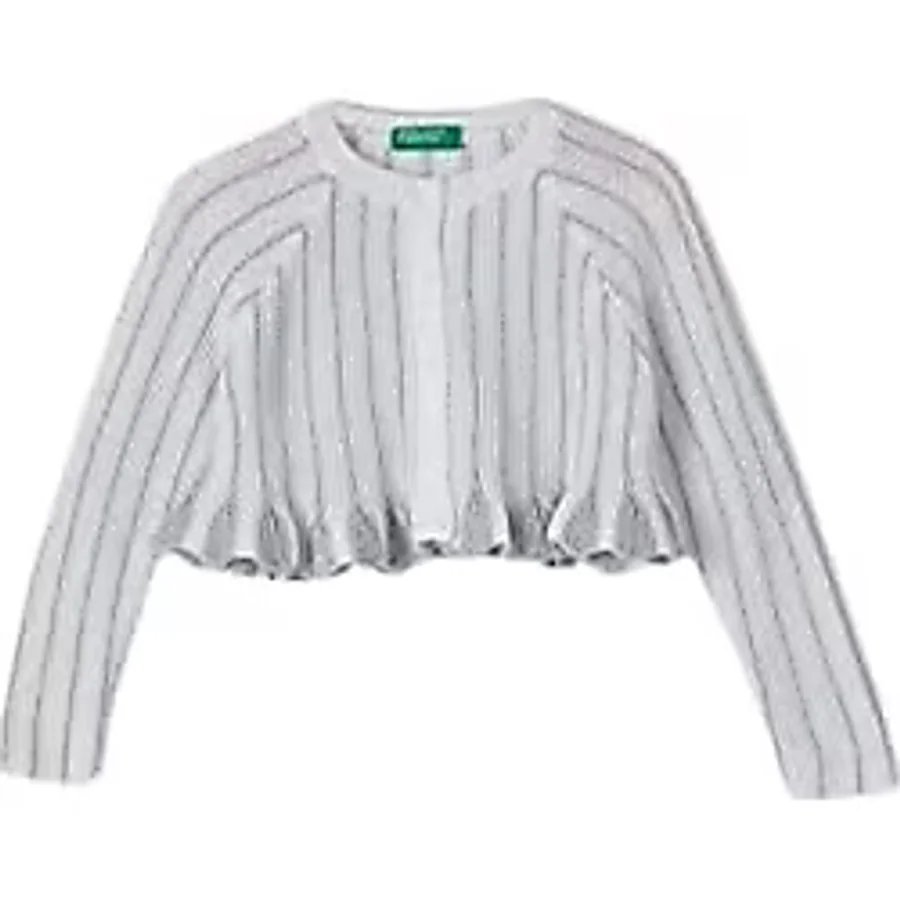 United Colors of Benetton Kız Çocuk Çizgili Fırfırlı Lurex Hırka Hırka, Beyaz, 12-18 Ay