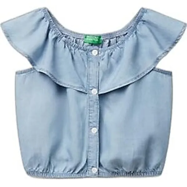 United Colors of Benetton Kız Çocuk Denim%100 Liyosel Yakası Fırfırlı Lastikli Kolsuz Crop Gömlek