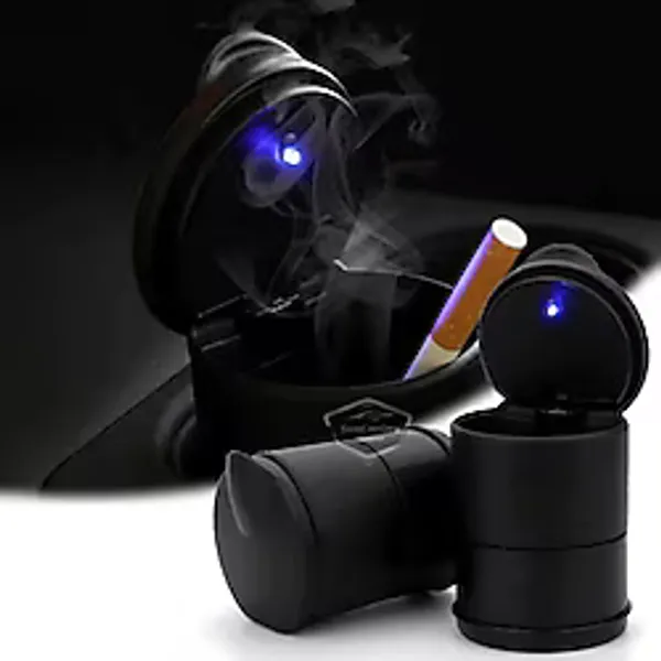 Üniversal Mavi Led Işıklı Spor Oto Küllük Kapaklı Bardaklıklı Araç İçi Küllük Araba Küllüğü Siyah