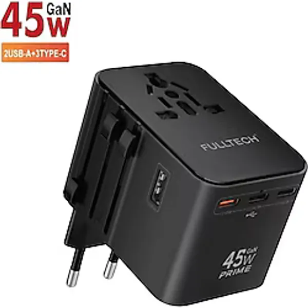 Universal Seyahat Priz Dönüştürücü Adaptör, 45W Şarj Cihazı, 2x USB Girişi, 3x Type-C Girişi, Uluslararası Güç Adaptörü, Tr, Us, Uk, Eu, Au Evrensel Uyum - Siyah