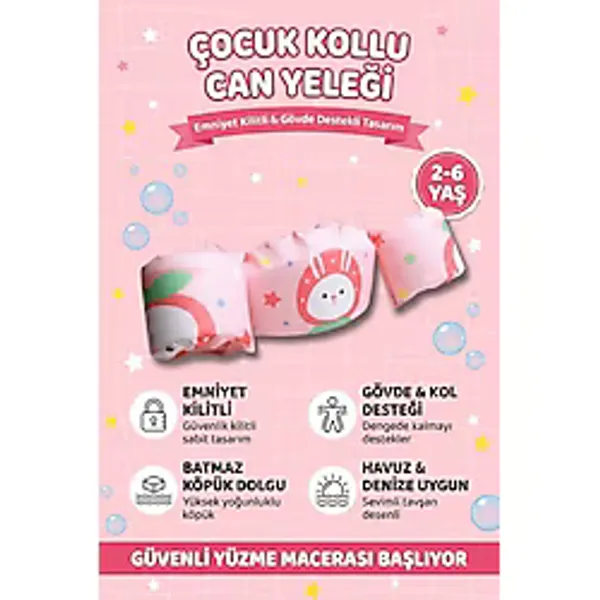 Upstyle Bebek Kolluk Can Yeleği Seti Tavşan Temalı Göğüs Destekli Süngerli Güvenli Yüzme Yardımcısı Pembe