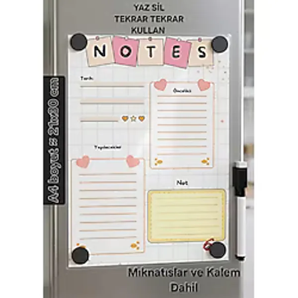 URDE Yaz Sil Notluk Magnet A4 Boyut LAMİNASYON (PVC) - Mıknatıslı Notluk Buzdolabı Planlayıcı - Kalem ve Mıknatıslı Set Yapılacaklar Listesi Not Kağıdı Not Panosu
