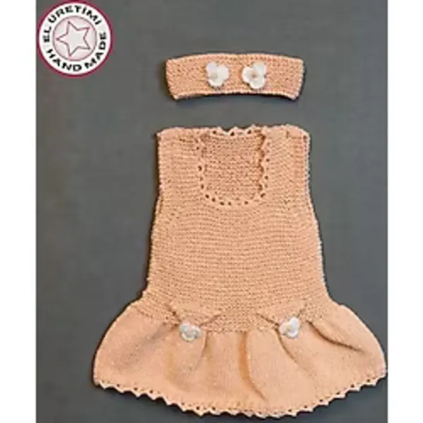 Uretti - Talia 8659 1005 El Örgüsü Koton İp Kız Çocuk Elbise - Bandana Takım - 1 Yaş / Gülkurusu Gülkurusu