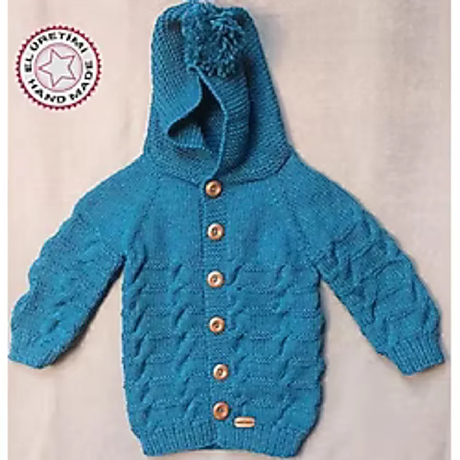 Uretti - Talia 8659 7872 El Örgüsü Mavi Kapüşonlu Erkek Çocuk Hırka - 2/3 Yaş