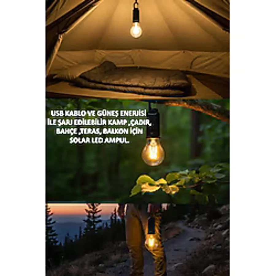 Usin USB Şarjlı + Güneş Enerjili Bahçe Balkon Teras Kamp Karavan Aydınlatması Lambası Solar LED Ampul