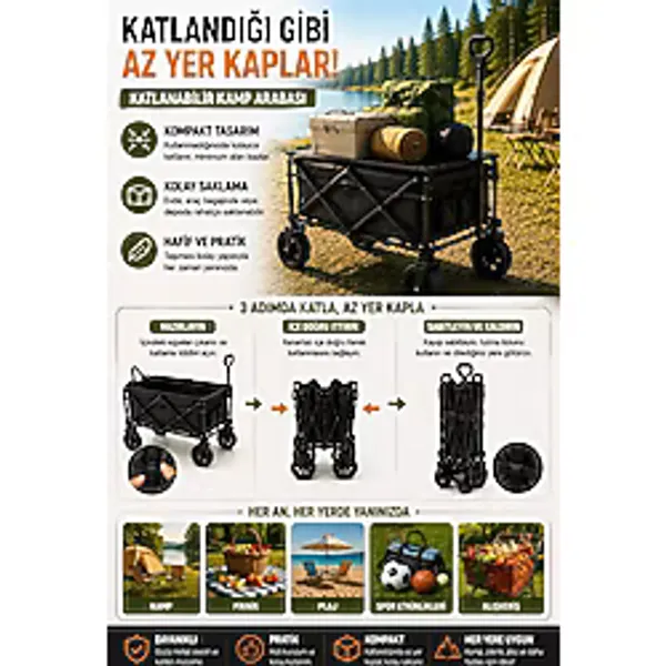 Üst Masalı Katlanabilir Kamp Arabası Çekme Kollu Geniş Hazneli Piknik Ve Plaj Arabası