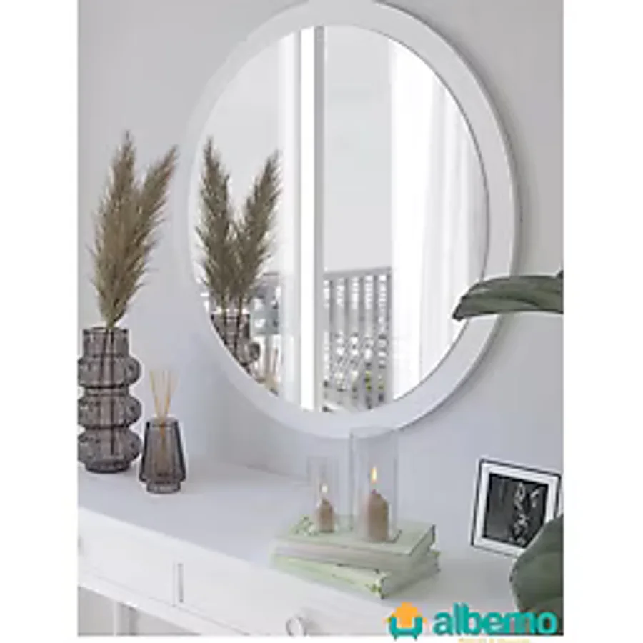usta mekan Beyaz Ahşap Dekoratif Yuvarlak Antre Hol Koridor Duvar Salon Mutfak Banyo Wc Ofis Aynası 42 Cm