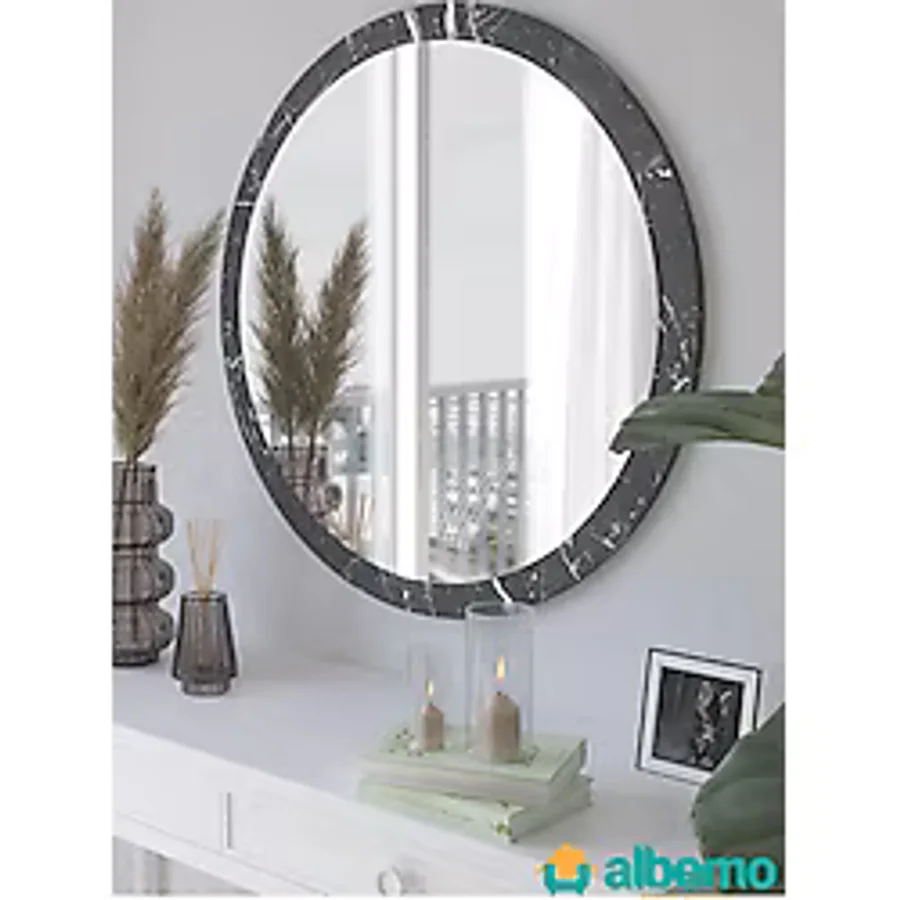 usta mekan Siyah Mermer Ahşap Dekoratif Yuvarlak Antre Koridor Duvar Banyo Wc Ofis Aynası 42 Cm