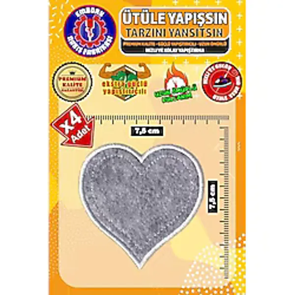 Ütü ile Yapışan Arma Yama, Gri Kalp (4 ADET) Ütüyle Yapışan Nakış Dokuma Aplike Patch