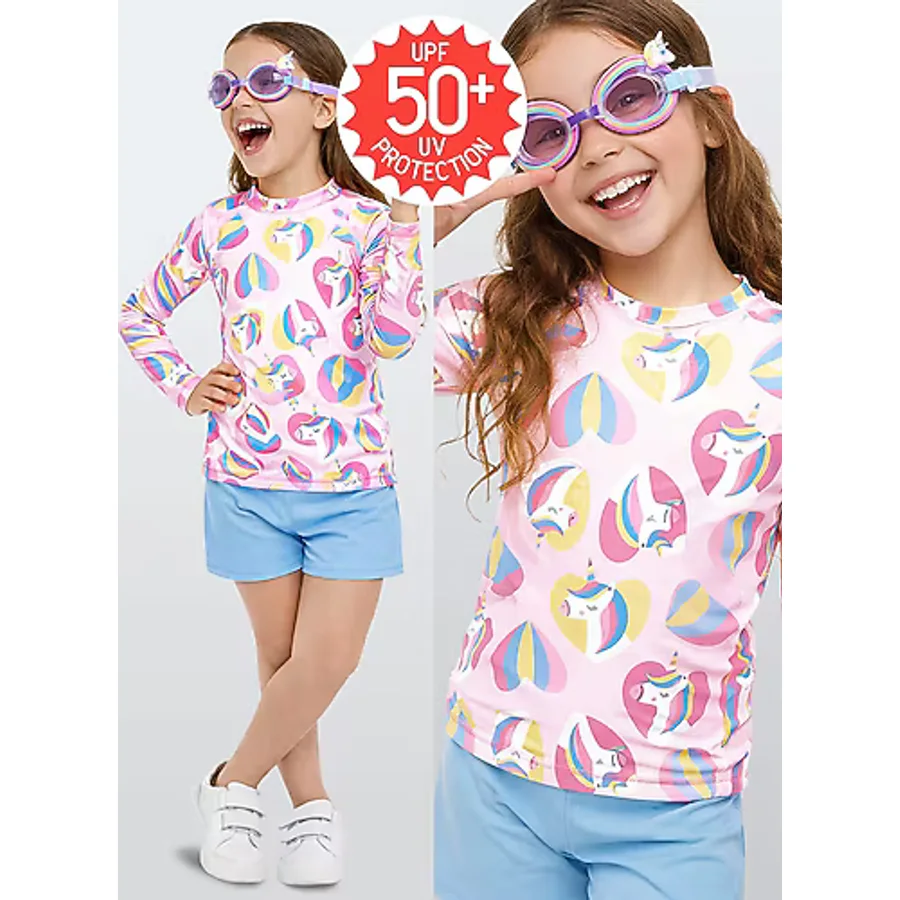 UV Korumalı Kız Çocuk Mayo T-shirt UVP+50 Faktör Koruma Uzun Kollu Unicorn