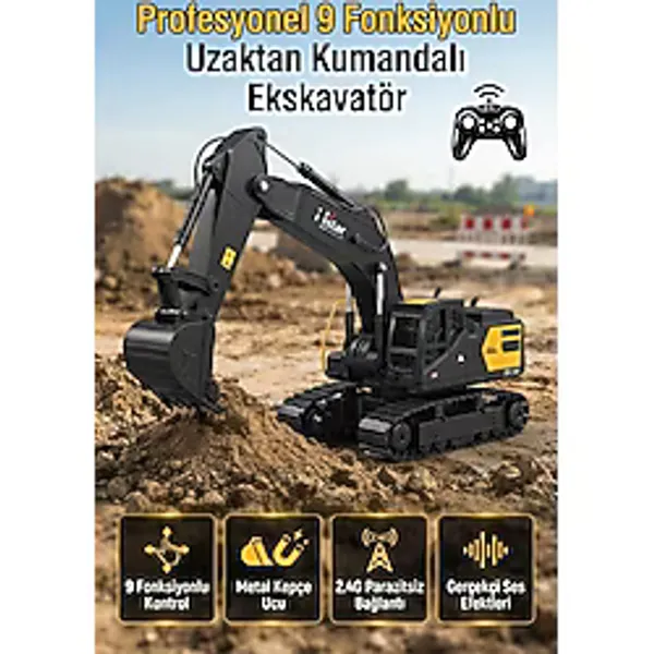 Uzaktan Kumandalı 1:12 Ölçek 9 Fonksiyon Hareketli Excavator 2.4Ghz Iş Makinesi Oyuncak Ekskavatör