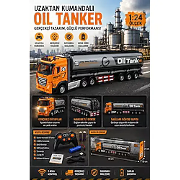 Uzaktan Kumandalı Tanker Tır 1:24 Ölçek Şarjlı Oyuncak Tır 2.4Ghz Yakıt Tankeri Kamyon