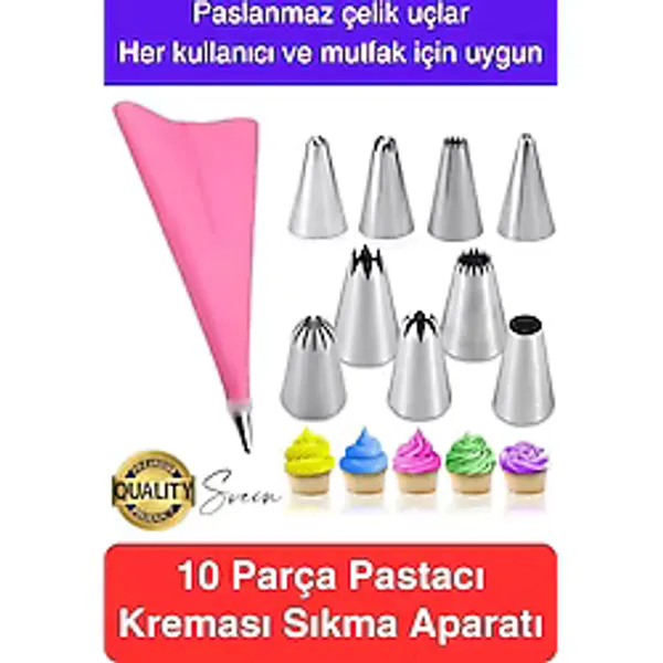 Uzun Ömürlü 10 Parça Paslanmaz Çelik Pasta Krema Sıkma Aparatı Seti Kesesi Torbası Dekoratif Süsleme