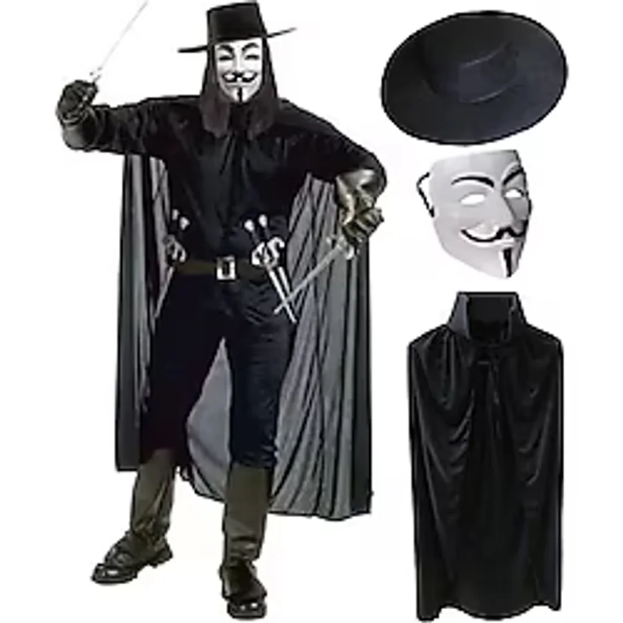 V For Vendetta Maskesi Şapkası ve Pelerin Kostüm Seti Yetişkin Boy