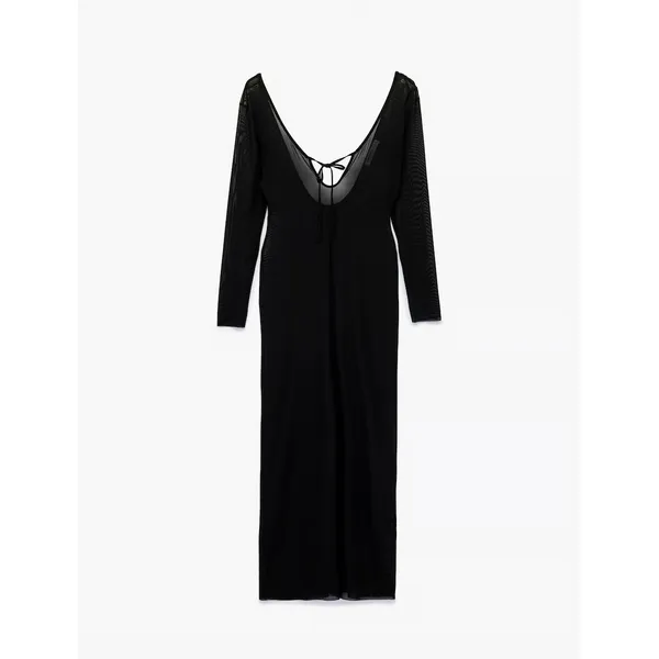 V Yaka Uzun Kollu Slim Fit Tül Plaj Elbisesi