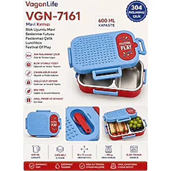 Vagon Beslenme Kabı Paslanmaz Çelik Lunchbox Vgn-7161 (Karışık Renk 1 Adet)