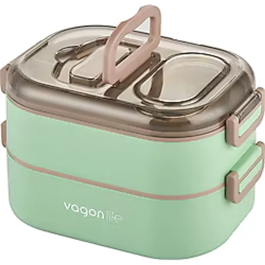 Vagonlife 1000 ml Iki Kat Üç Bölme Paslanmaz Çelik Bento Lunch Box Yeni Nesil Sefer Tası-Sos Kaseli MODEL-FFLBOX7081 - Yeşil