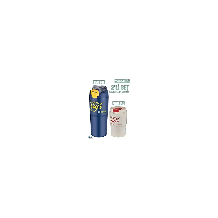 Vagonlife 2'li Çelik Termos-Kahve Bardağı Seti 750ML Çift Kullanım Termos//450ML Mug Kahve Bardağı - Yeşil - Turuncu