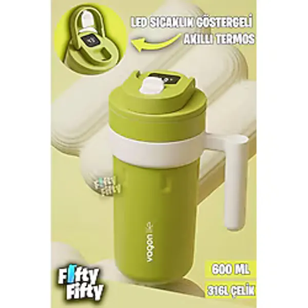 Vagonlife 600 ML Led Sıcaklık Göstergeli Akıllı Çelik Termos Kulplu -kahve Bardağı-mug-ffvgn2009 001 yesil