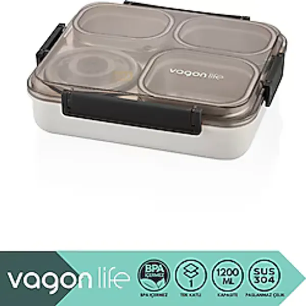 Vagonlife Bento 1200ml Lunchbox Tek Katlı 4 Bölmeli ve Kaseli Çelik Sefer Tası Yemek Kutusu (Turuncu)