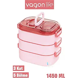 Vagonlife Bento 1450ml Lunchbox Yeni Koleksiyon Üç Katlı 5 Bölmeli Çelik Sefer Tası Yemek Kutusu Yeşil