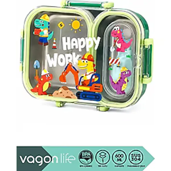Vagonlife Bento 600ML Lunchbox Yeni Koleksiyon Sevimli Desenli Tek Katlı 2 Bölmeli Sızdırmaz Paslanmaz Çelik Sefer Tası Çocuk Okul Yemek Kutusu Plastik Kaşık Hediyeli Bpa Yok Özel Kutulu - Yeşil