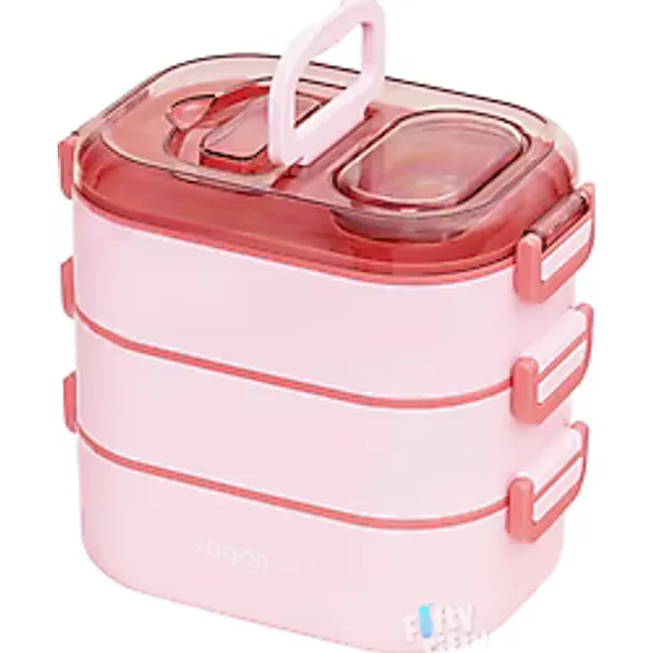 Vagonlife Bento Pembe 1450 ml 3 Katlı 6 Bölmeli Çelik Beslenme Kutusu