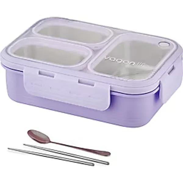 Vagonlife FFLBOX7097 Mor Metal Kaşıklı 3 Bölmeli 620 ml Çelik Beslenme Kutusu