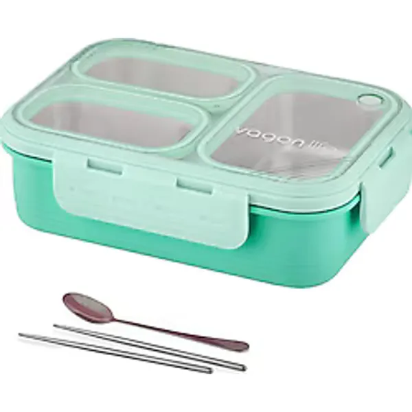 Vagonlife FFLBOX7097 Yeşil Metal Kaşıklı 3 Bölmeli 620 ml Çelik Beslenme Kutusu