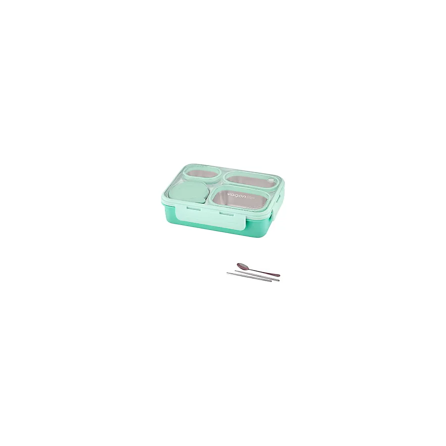 Vagonlife FFLBOX7099 Yeşil Metal Kaşıklı 950 ml 4 Bölmeli Beslenme Kutusu