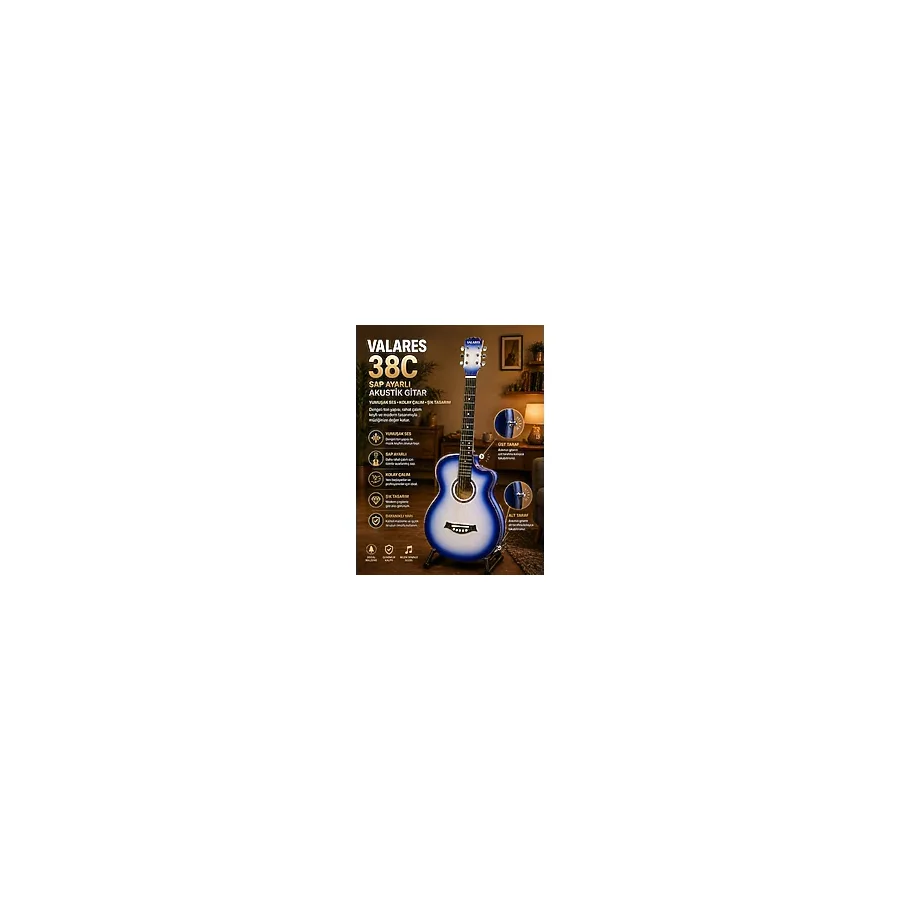 Valares 38CM Kesik Kasa Mavi Sunburst Akustik Gitar 38 Inç Sap Ayarlı Cutaway + Çanta Askı Pena Hediyeli Üst Segment - BLS (MAVİ SUNBURST)