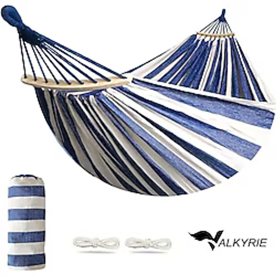 Valkyrie 2 Kişilik Renkli Kanvas Hamak 260x150 cm Taşıma Çantalı Ahşap Çubuklu Bahçe Kamp Hamağı Lacivert