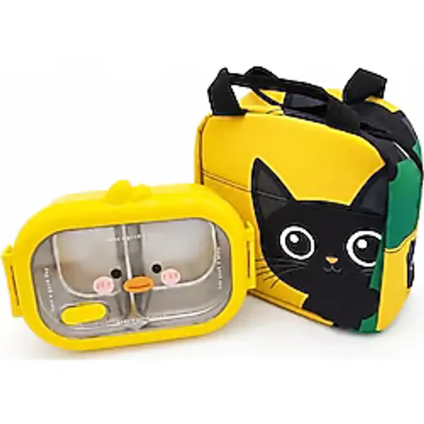 Valkyrie 304 Paslanmaz Çelik Çocuk Beslenme Kabı Kedili Termal Çantalı 2 Bölmeli Lunch Box Yemek Kabı