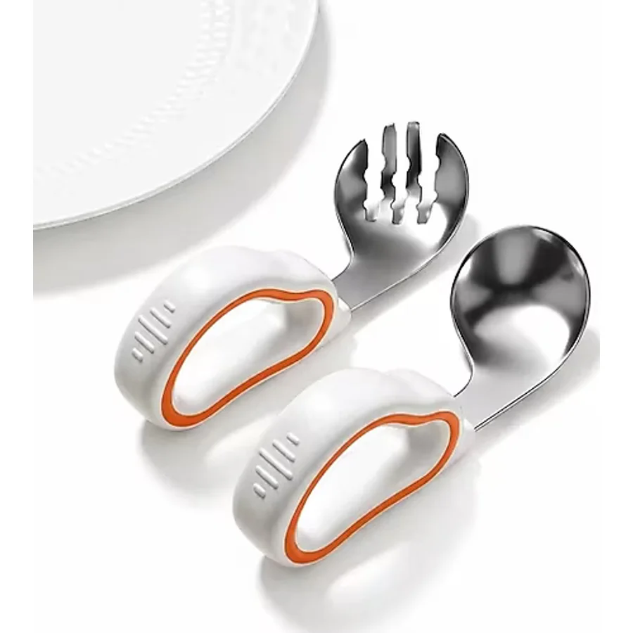 Valkyrie 316 Çelik Bebek Kaşık Çatal Seti Ergonomik Silikon Tutma Saplı, Güvenli Ve Kaymaz Tasarım Beyaz