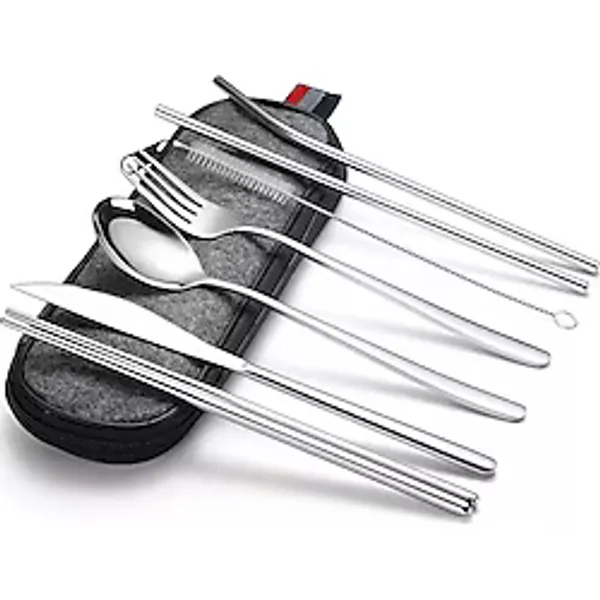 Valkyrie 8 Parça Çantalı Yolculuk Çatal Bıçak Kaşık Pipet Chopstick Seti Kamp Okul Ofis Tatil Paslanmaz Çelik Metal Metalik