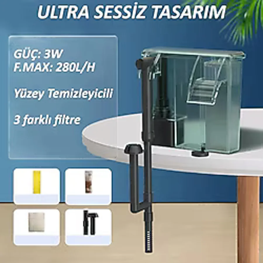 Valkyrie Askılı Şelale Akvaryum Filtre Kafa Motoru Iç Filtre 3W 280L Yüzey Temizleyicili 3 Filtreli
