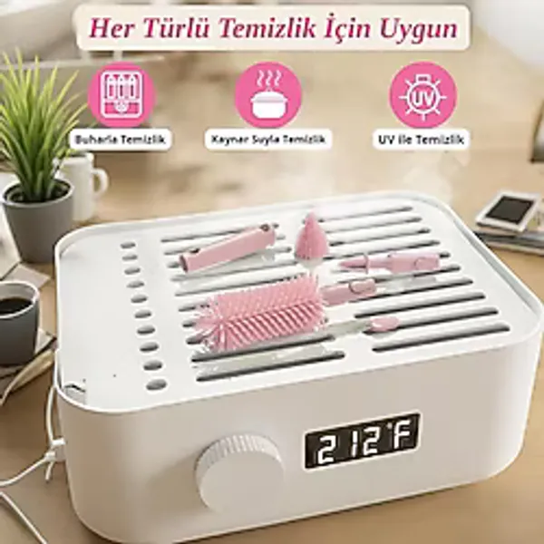 Valkyrie Ayıcık Seyahat Biberon Emzik Pipet Temizleme Seti Silikon Fırça Kurutma Standı Taşıma Kutusu Pembe